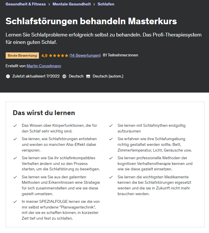 Schlafstörungen behandeln Masterkurs Udemy