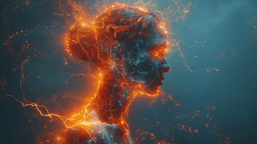 Ein heiteres und introspektives digitales Gemälde einer menschlichen Silhouette mit einem leuchtenden Vagusnerv, der durch den Körper verläuft und die Polyvagal-Theorie darstellt. Der Hintergrund ist ein weicher Farbverlauf aus blauen und warmen orangefarbenen Tönen, der das Gleichgewicht zwischen Stress und Entspannung symbolisiert. Die subtil sichtbaren neuronalen Verbindungen strahlen ein Gefühl von Sicherheit und Ko-Regulation aus.